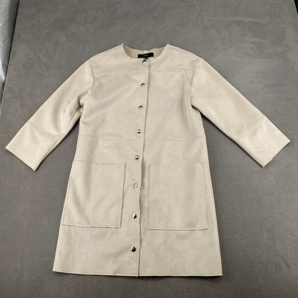 Forever 21 Womens Faux Suede Longline Coat Cream Beige Snap Front Small 6082